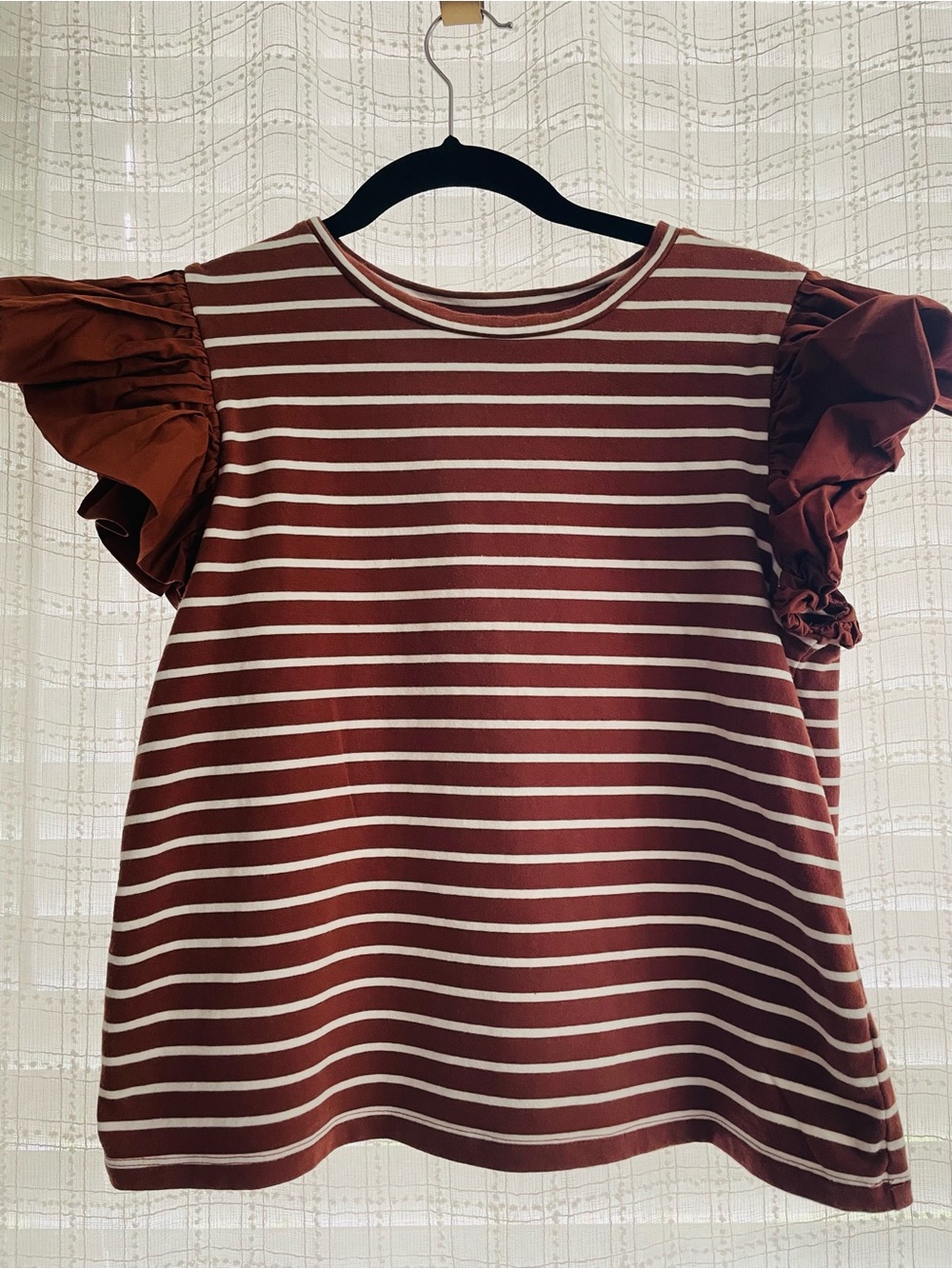 English Factory Rust and White Striped Ruffle Sleeve Top